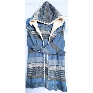 LETY & ME Blue Grey Striped Hooded Faux Fur Knit Cardigan Size Large NWT